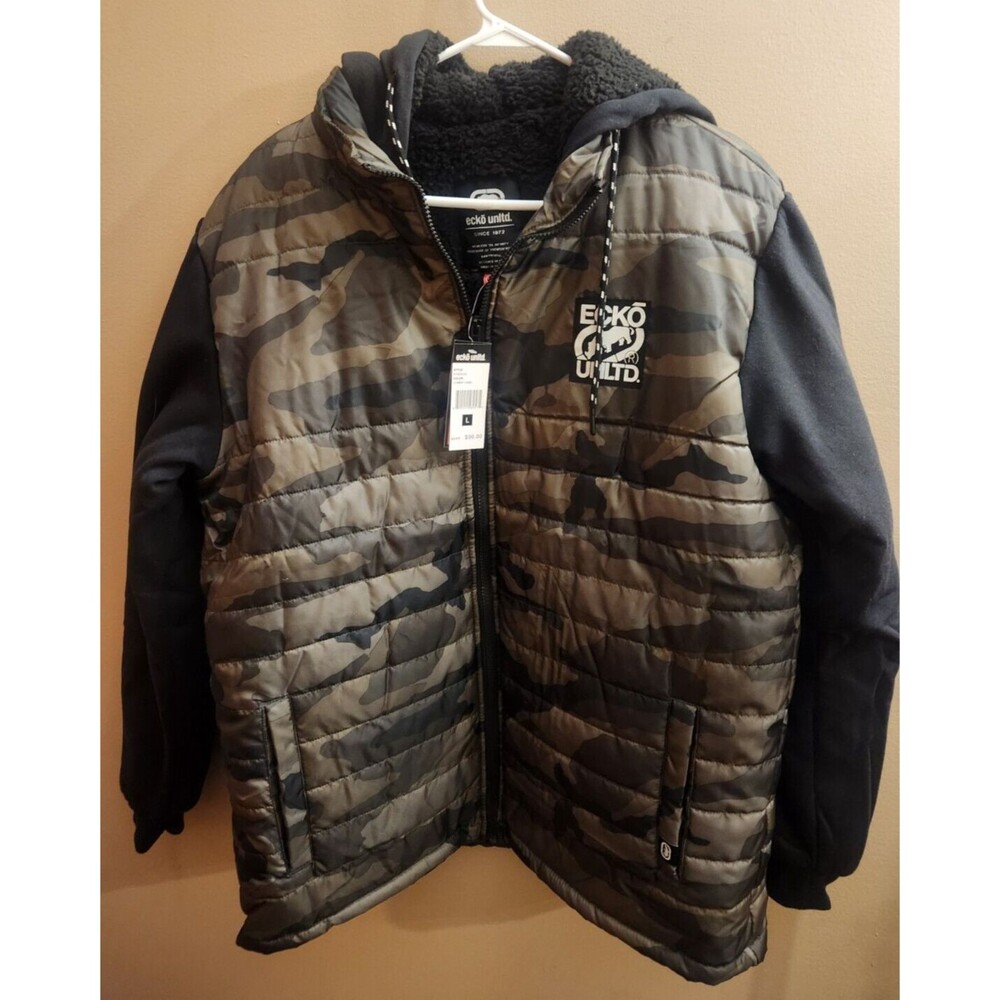 Ecko Unltd Fill Zip Hooded Jacket Fleece Lined Combat Camo Size L NWT